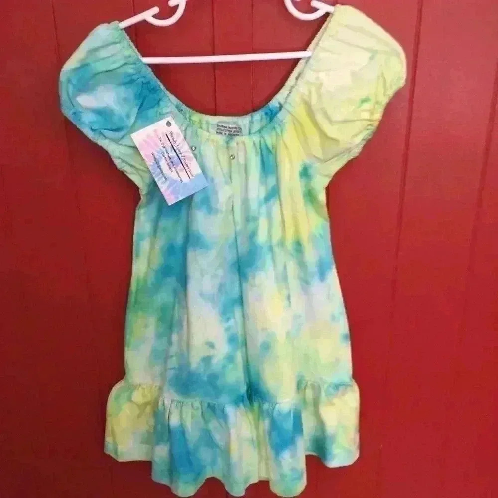 New! Hand Tie dye Puff Sleeve Single Flounce Dress Easter 100% cotton girls 4